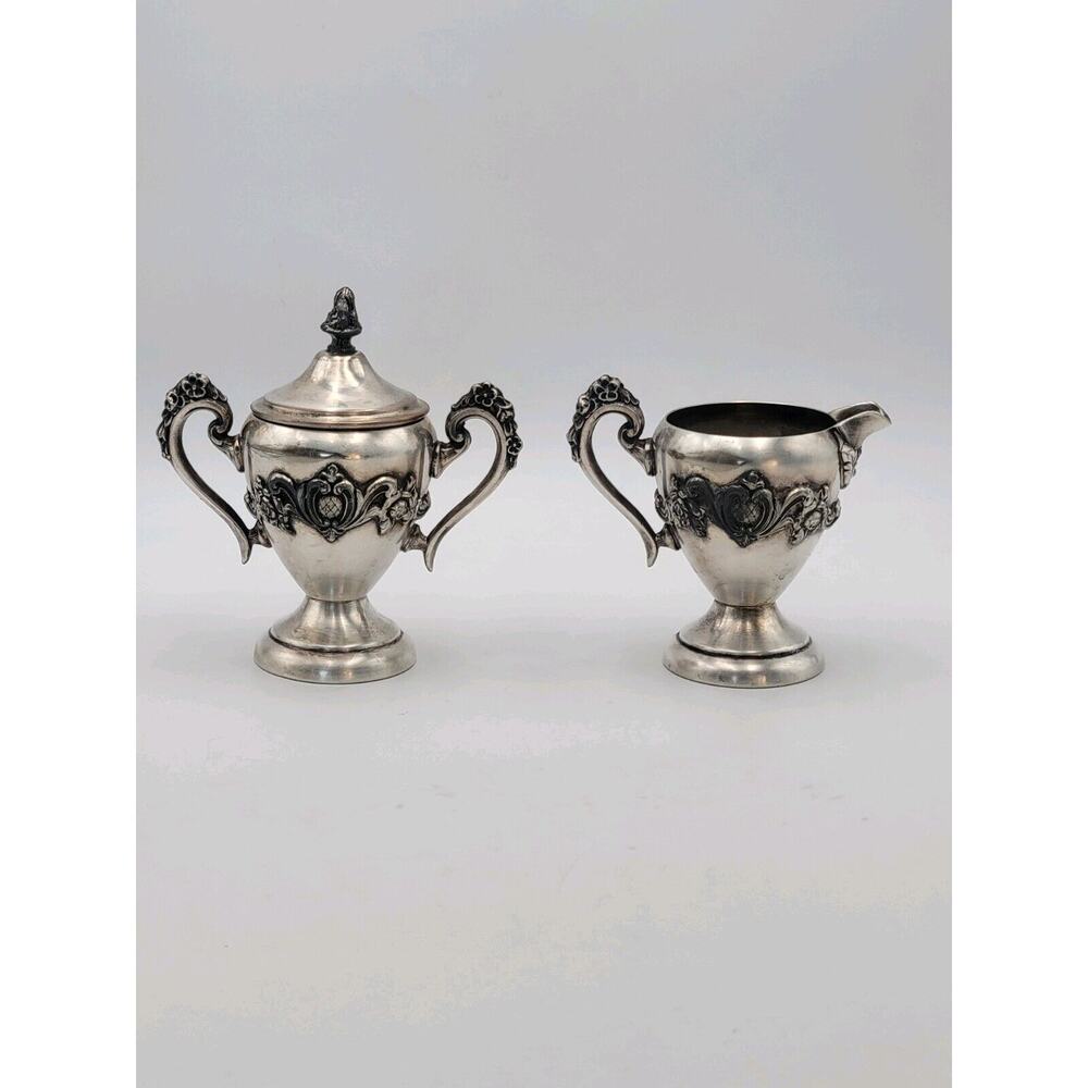 Meneses Orfebres Silver On Copper Creamer & Sugar Bowl With Lid 50's Vtg Unique